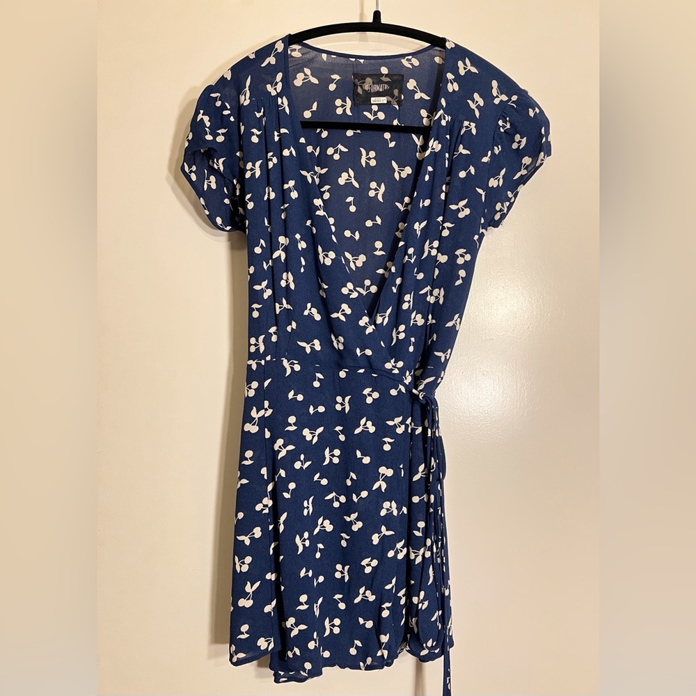 Reformation Blue Cherry Print  Wrap Dress